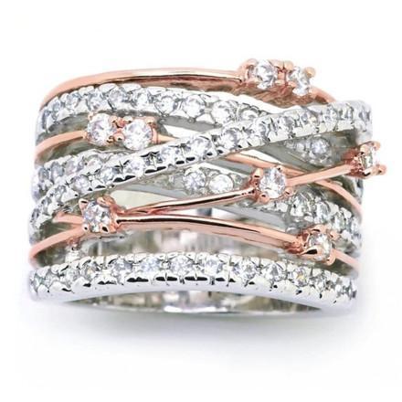 Crystal Crossover Ring Wide Band Rose Gold Accent Pave