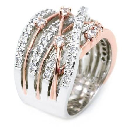 Crystal Crossover Ring Wide Band Rose Gold Accent Pave