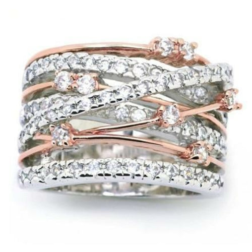 Crystal Crossover Ring Wide Band Rose Gold Accent Pave