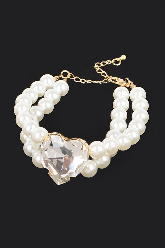 Crystal Heart Double Strand Pearl Bracelet Choker Adjust