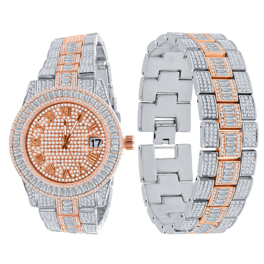 Crystal Pave Rose Gold Watch And Bracelet Set With Date