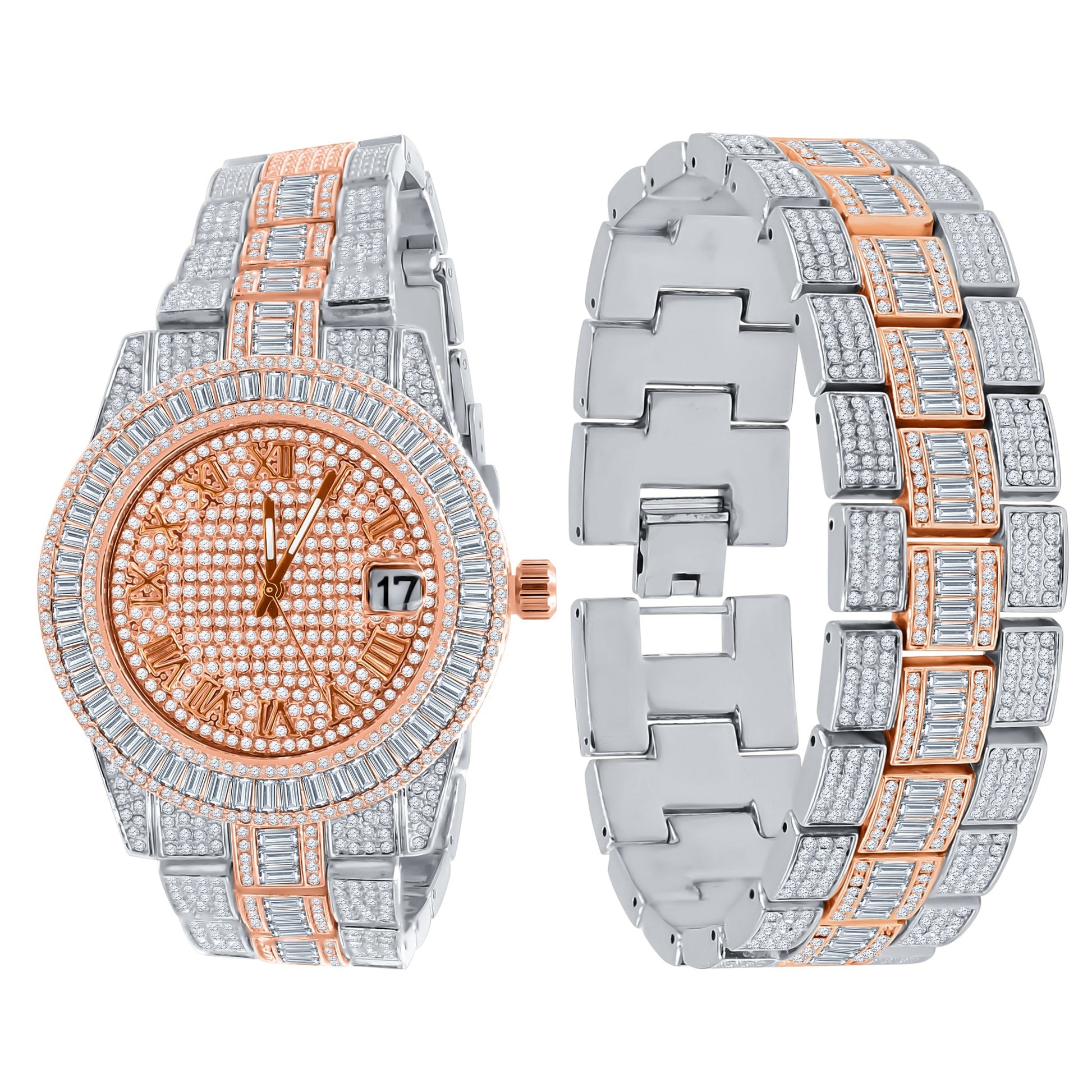Crystal Pave Rose Gold Watch And Bracelet Set With Date
