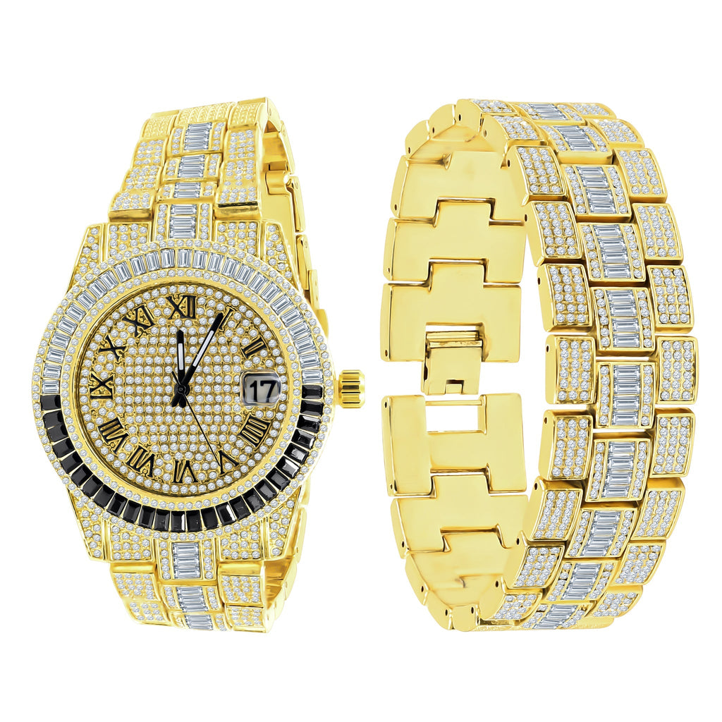 Crystal Pave Watch And Bracelet Set Gold Tone Iced Out