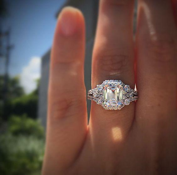 Crystal Ring Emerald Cut Halo Engagement Ring Silver