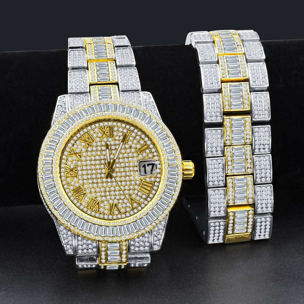 Crystal Stone Iced Out Gold Silver Watch And Bracelet