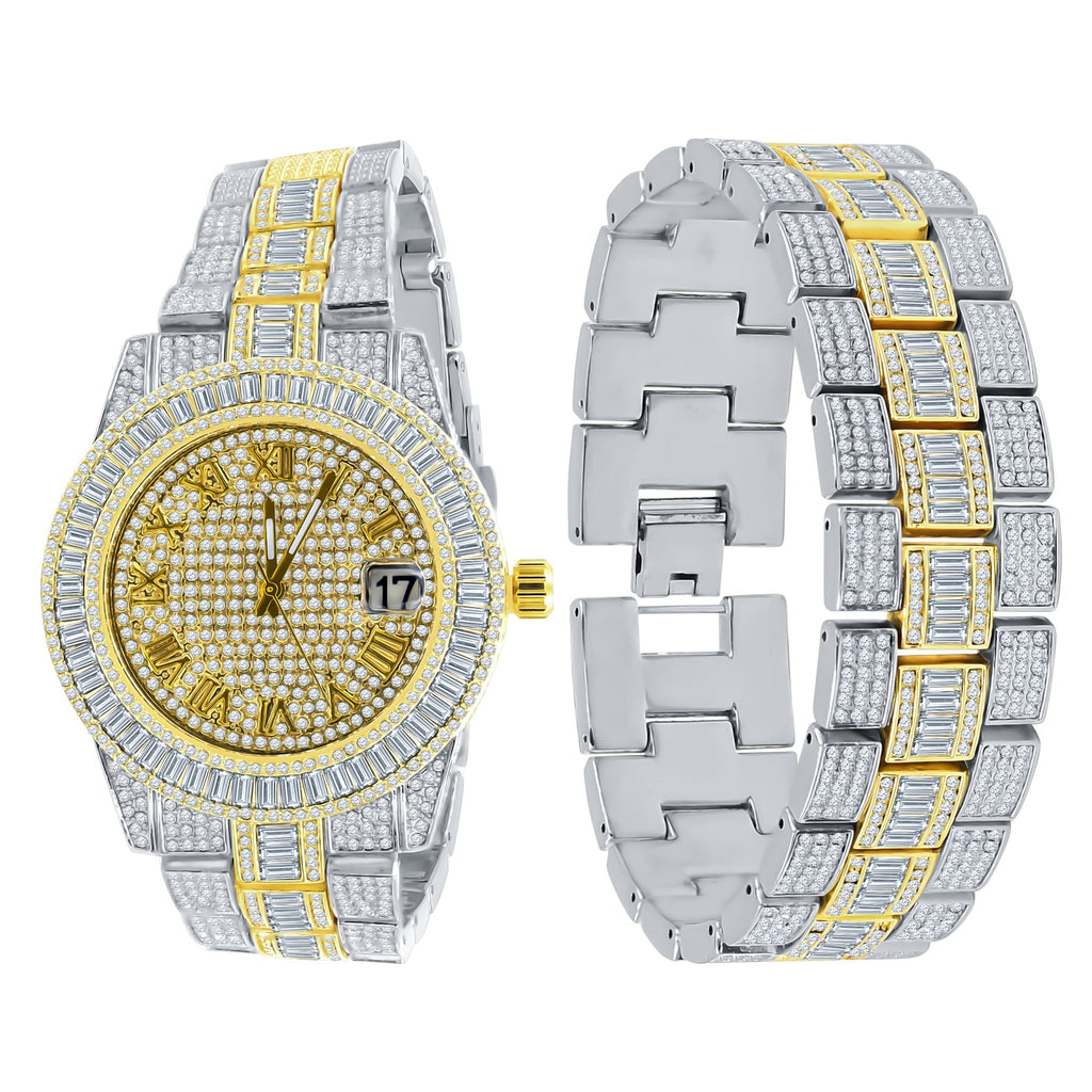 Crystal Stone Iced Out Gold Silver Watch And Bracelet