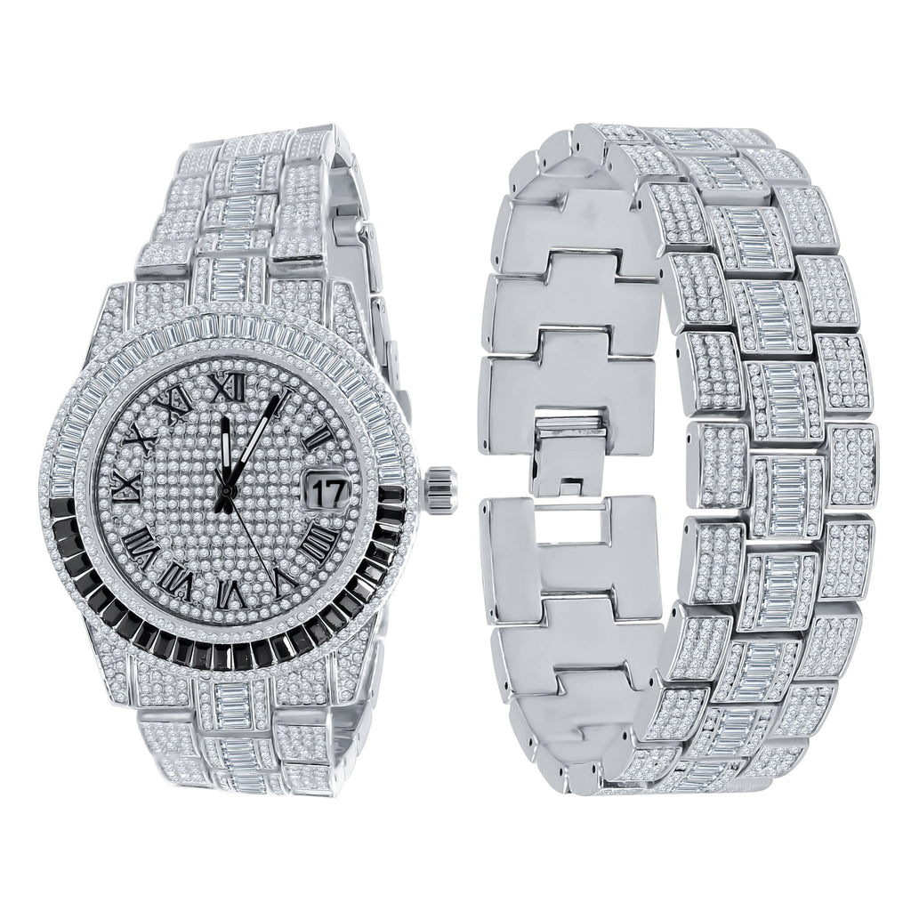 Crystal Stone Iced Watch Set With Date Window Bracelet