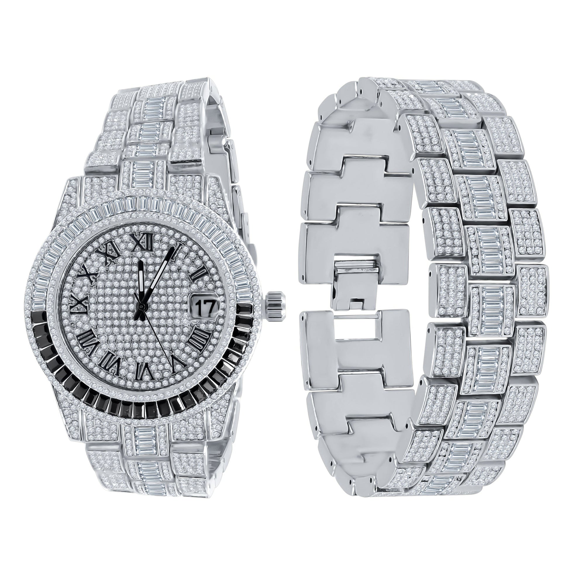 Crystal Stone Iced Watch Set With Date Window Bracelet