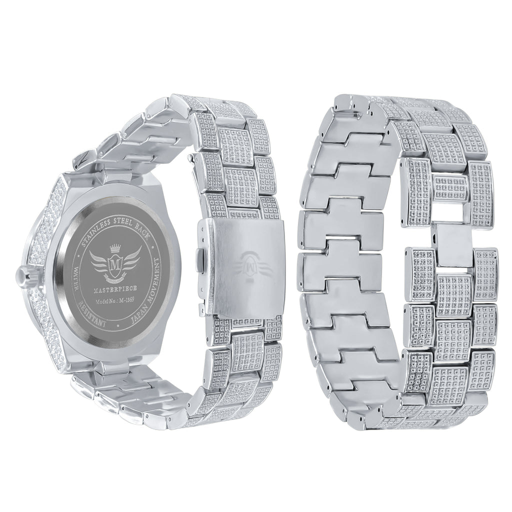 Crystal Stone Iced Watch Set With Date Window Bracelet
