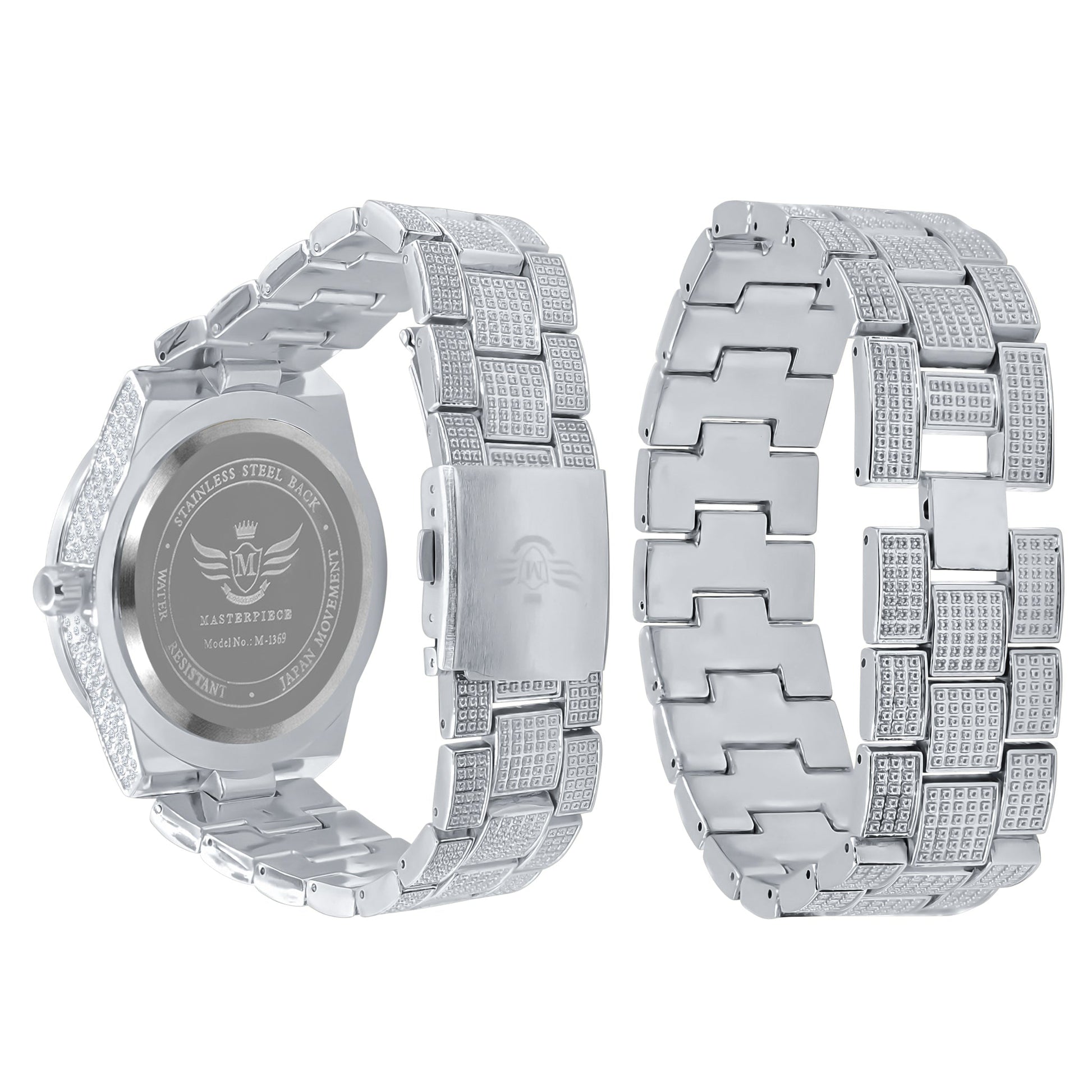 Crystal Stone Iced Watch Set With Date Window Bracelet