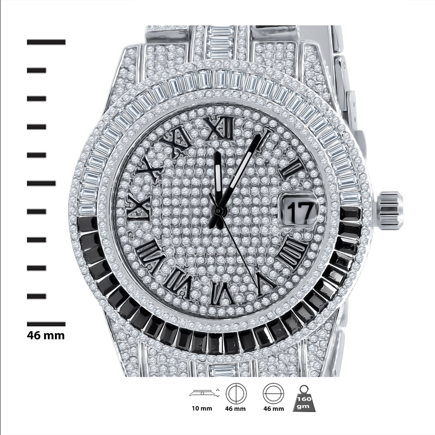 Crystal Stone Iced Watch Set With Date Window Bracelet