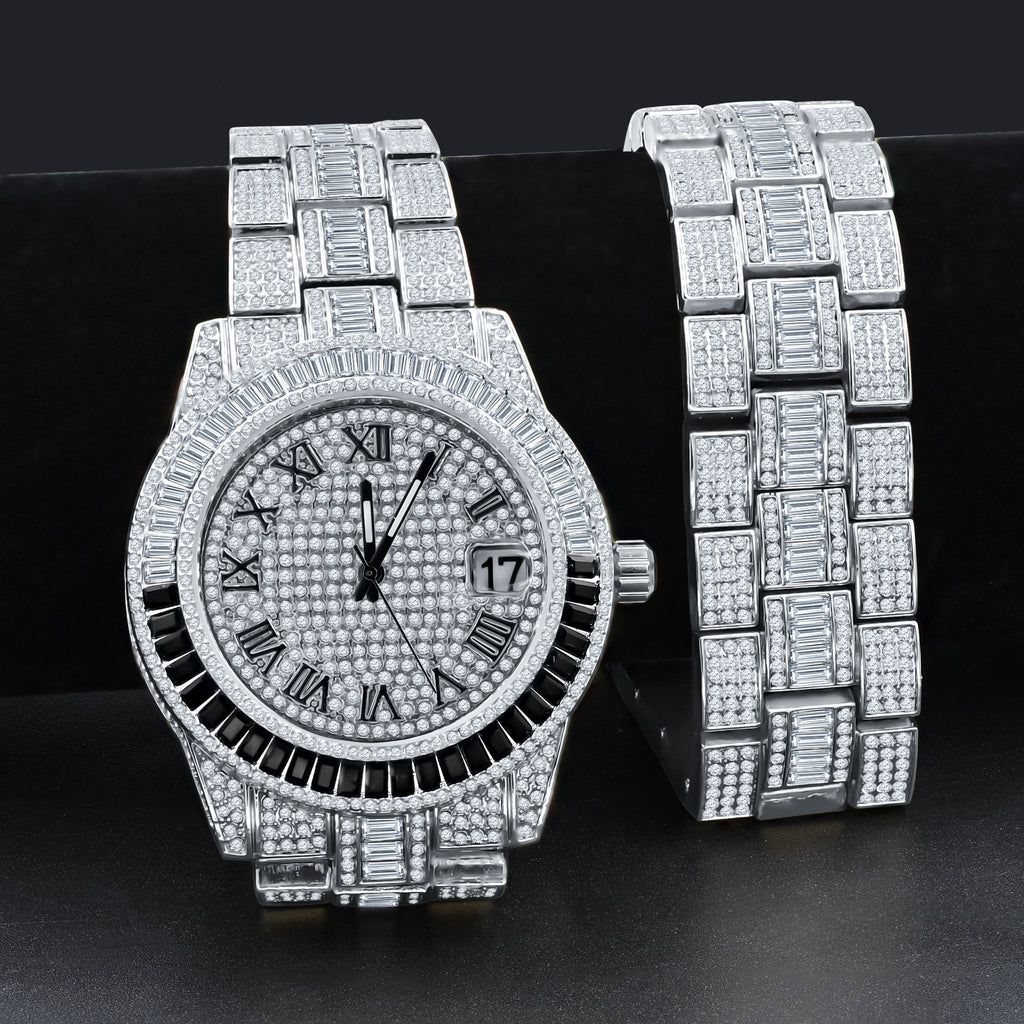 Crystal Stone Iced Watch Set With Date Window Bracelet