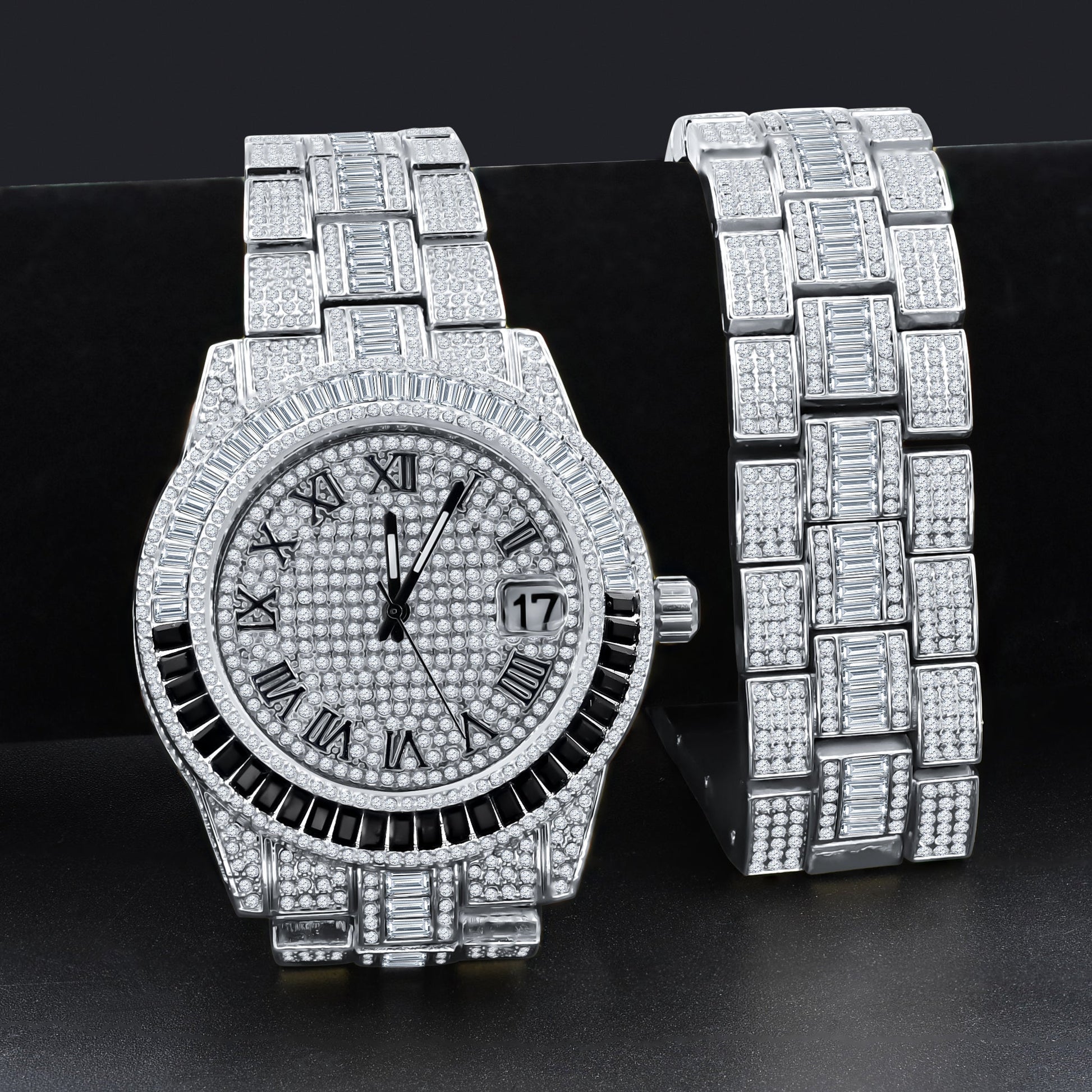 Crystal Stone Iced Watch Set With Date Window Bracelet