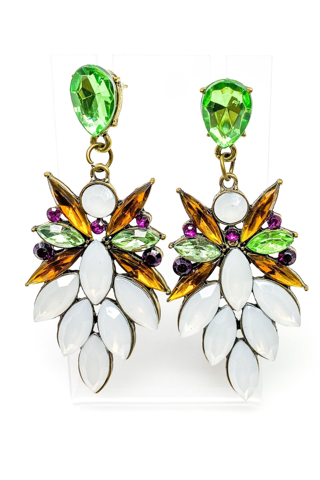 Crystallized Stone Dangle Earrings Floral Gem Long Drop