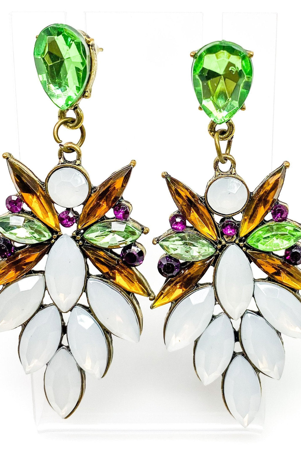 Crystallized Stone Dangle Earrings Floral Gem Long Drop