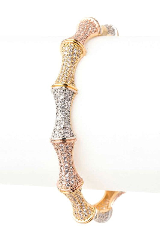 CZ Micro Pave Bamboo Bangle Bracelet Women Elegant Gold