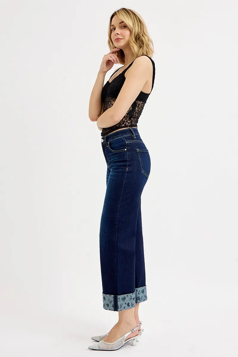 RISEN Full Size Mid Rise Fit Crop Wide With Printed Cuff Jeans Plus Size