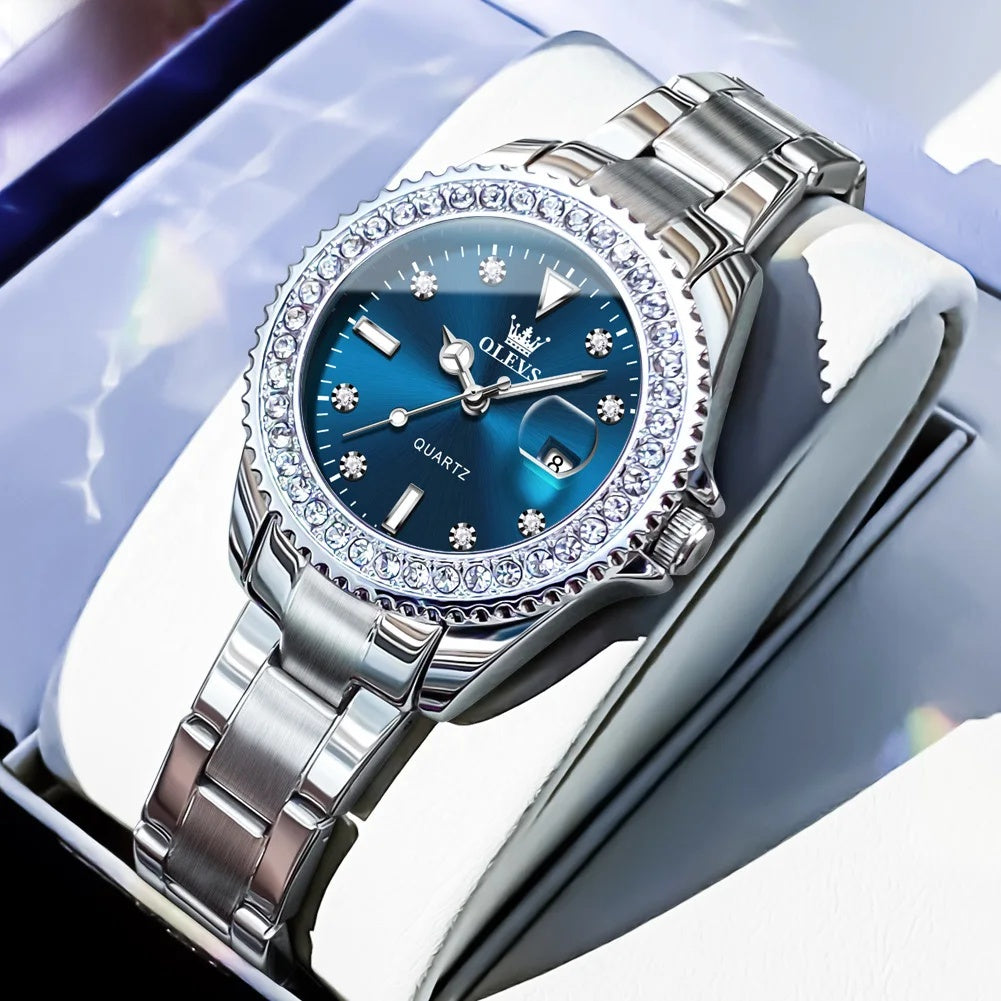 Women's Sunray Dial Zircon Bezel Steel Quartz Watch