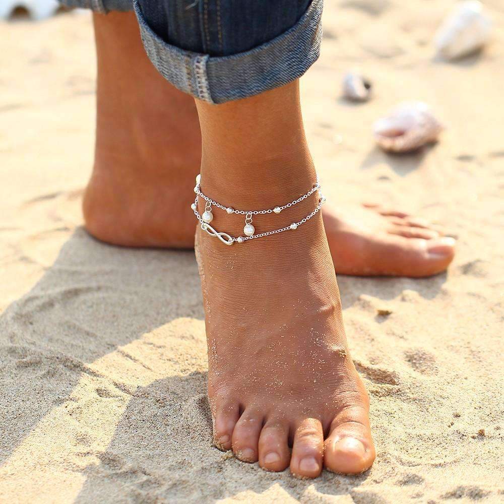 Dainty Infinity Pearl Anklet Sterling Silver Adjustable