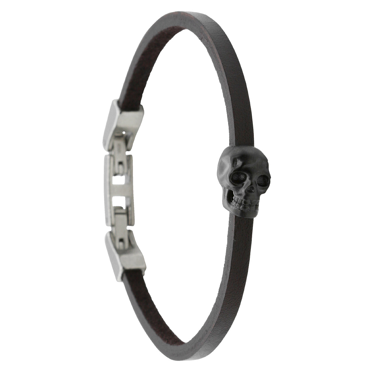Dark Brown Leather Skull Bracelet For Men Adjustable