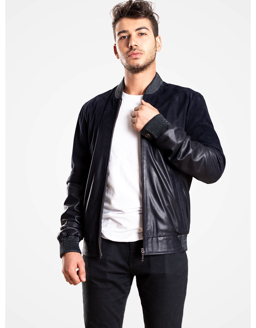 Blue DeGraded Leather Bomber Jacket For Men