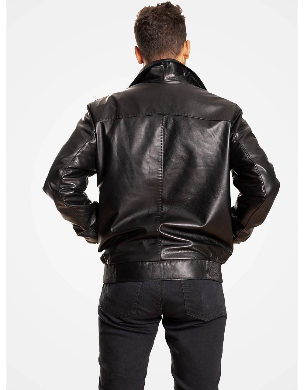Black Bomber Leather Jacket For Men
