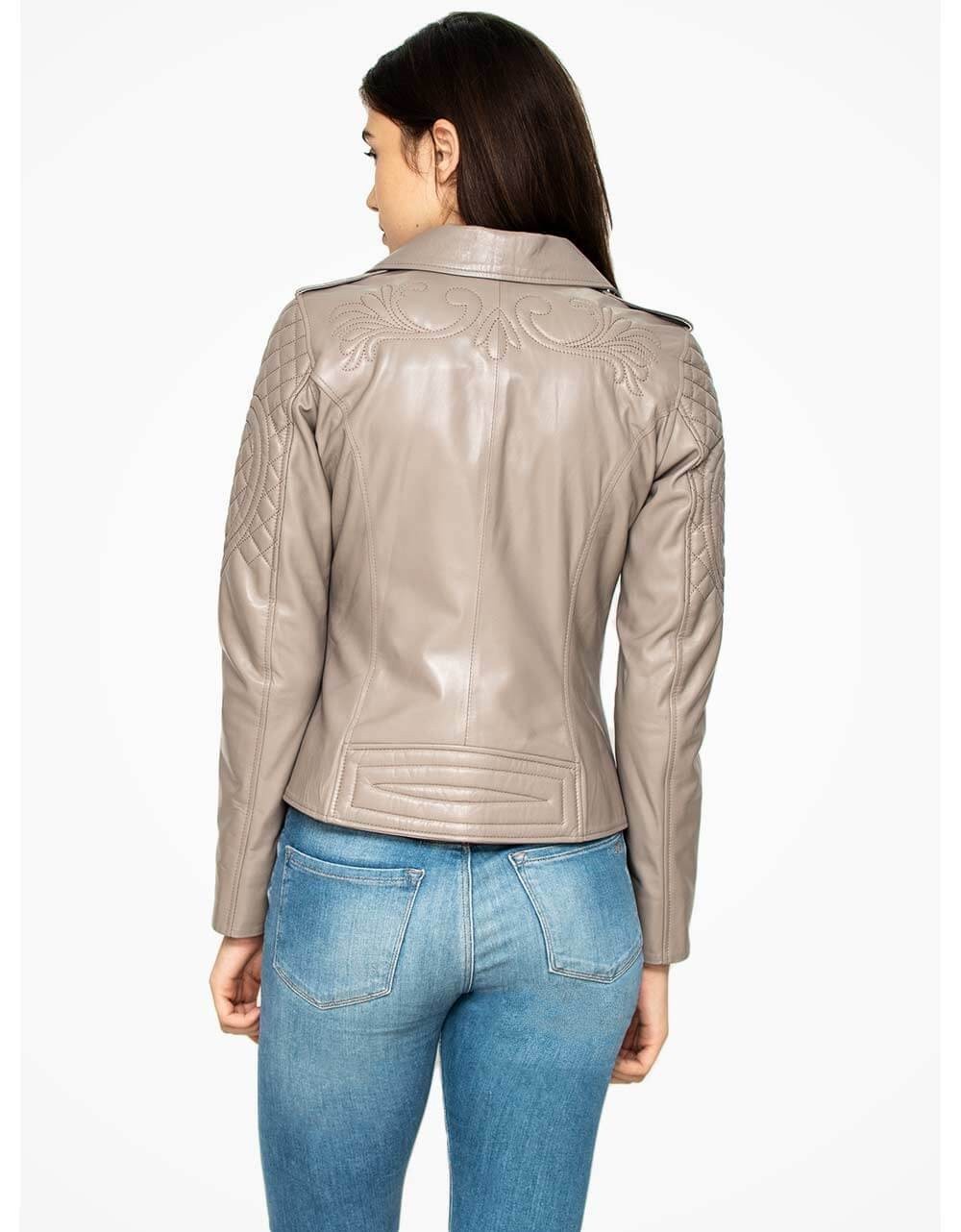 Beige Leather Biker Jacket For Women