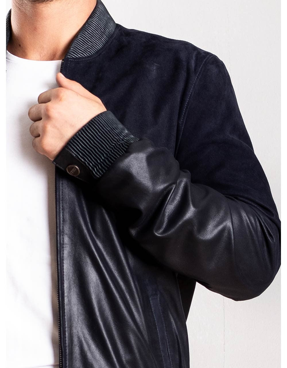 Blue DeGraded Leather Bomber Jacket For Men