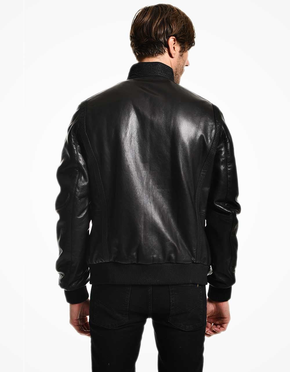 Black Bomber Leather Jacket For Men