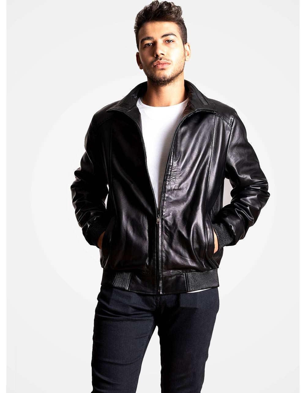 Black Bomber Leather Jacket For Men