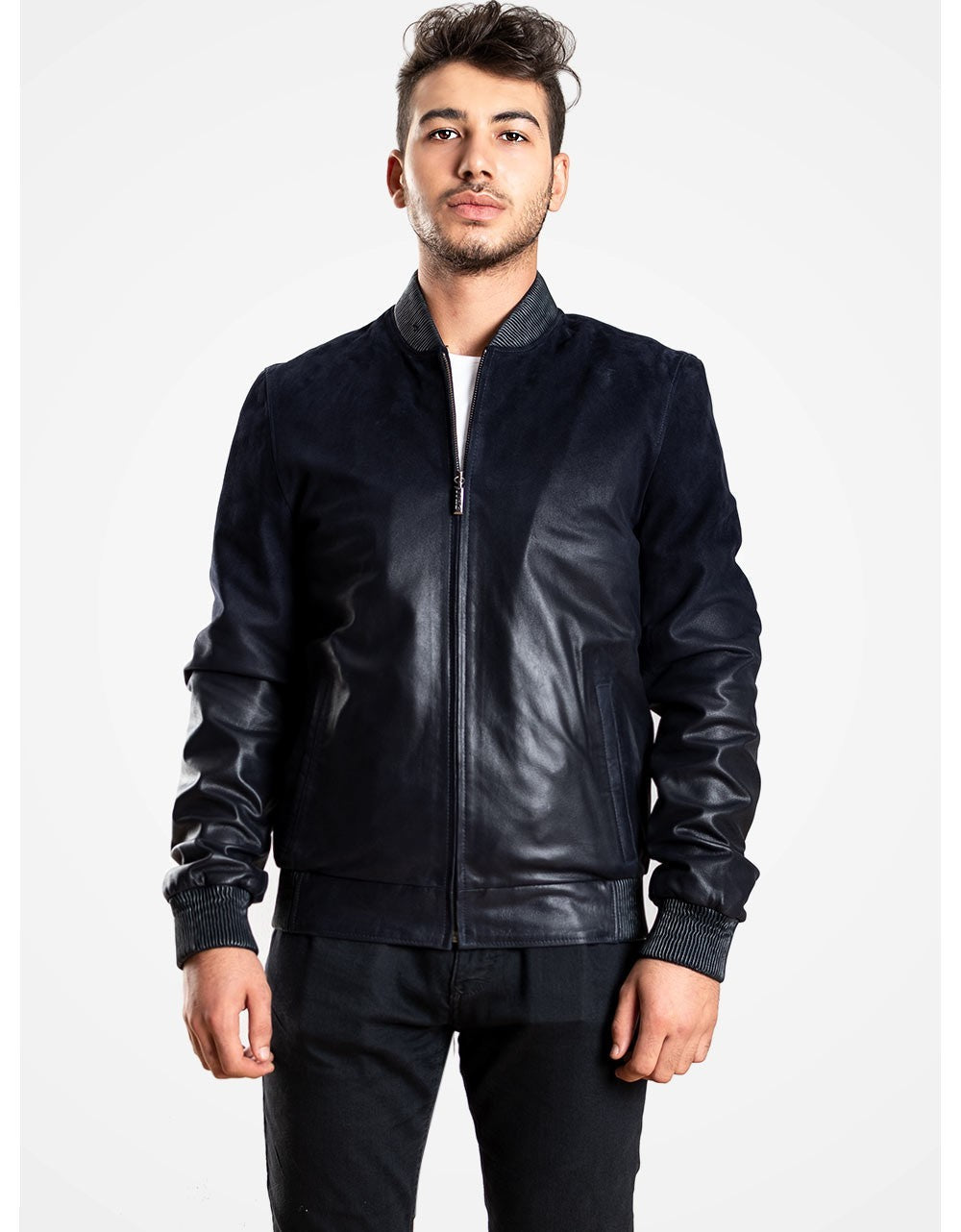 Blue DeGraded Leather Bomber Jacket For Men