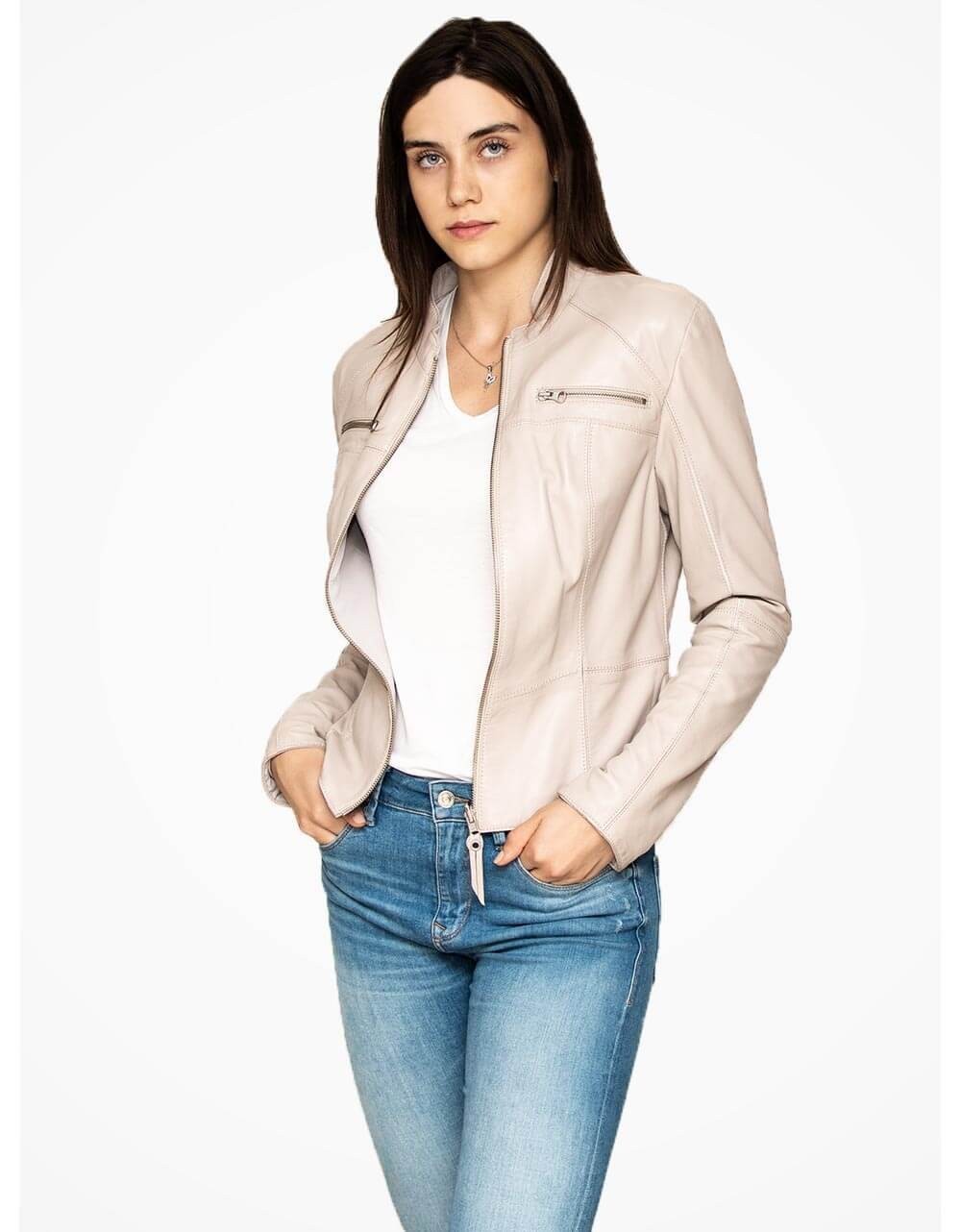 Off White Leather Biker Jacket For Women