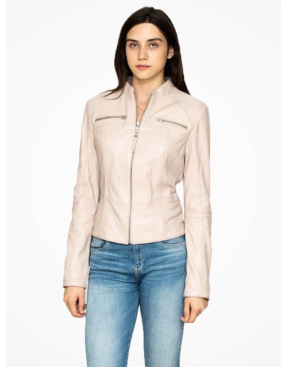 Off White Leather Biker Jacket For Women