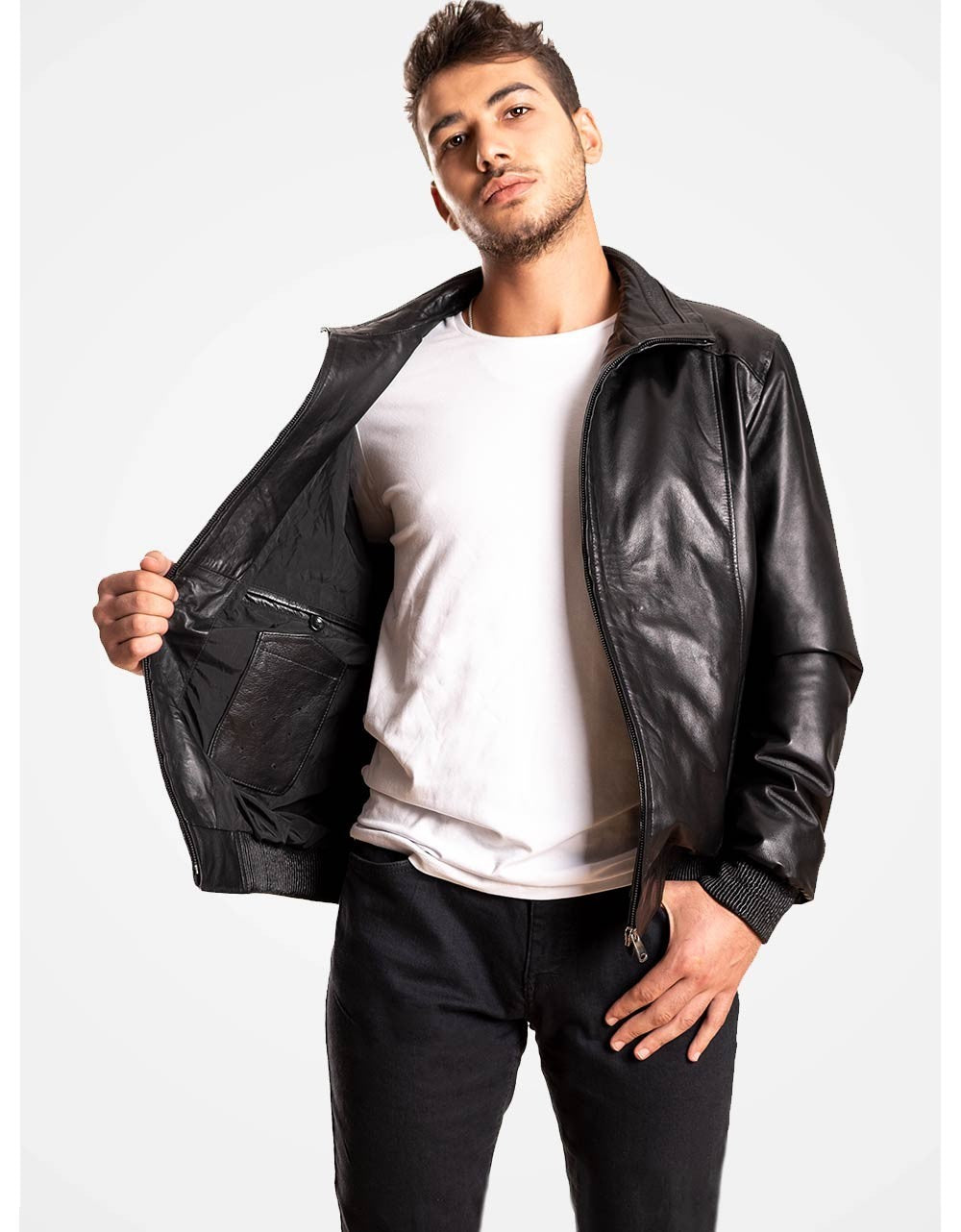 Black Bomber Leather Jacket For Men