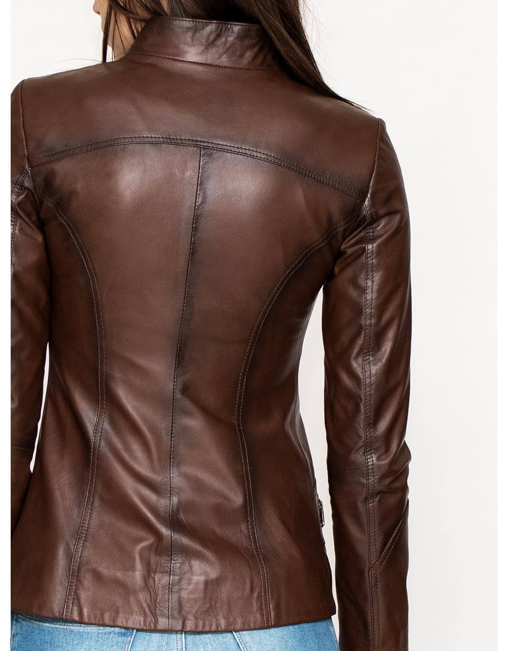 Brown Leather Biker Jacket For Women
