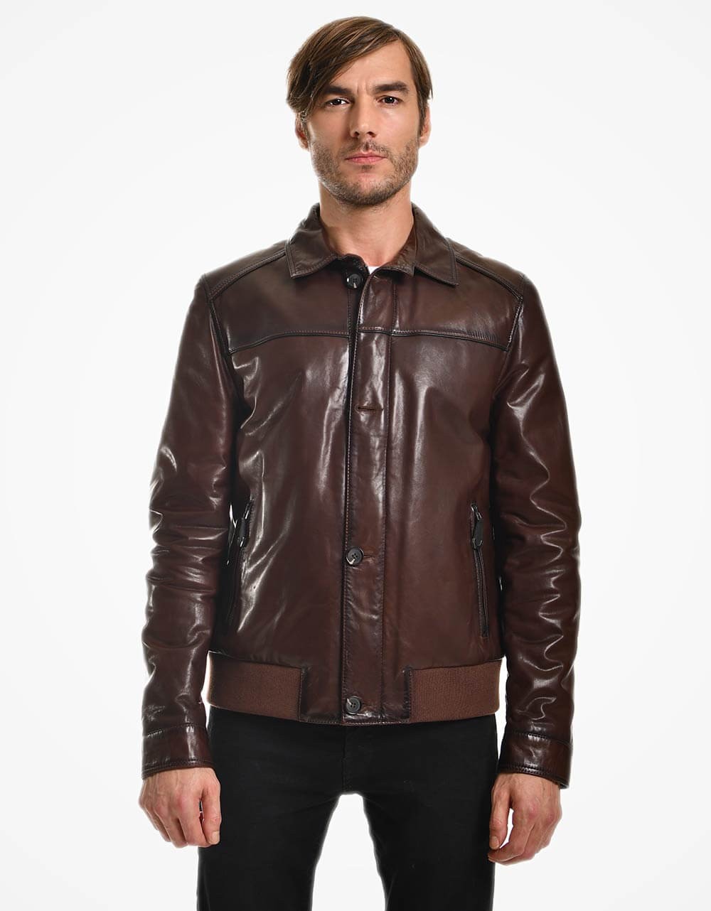 Brown Leather Bomber Jacket For Men