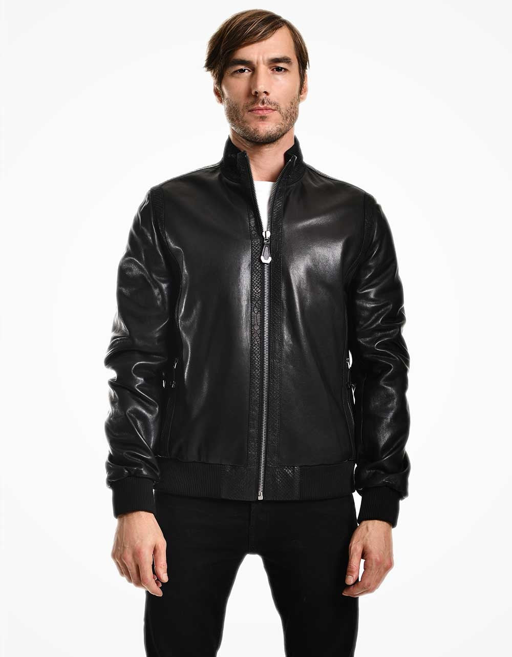 Black Bomber Leather Jacket For Men
