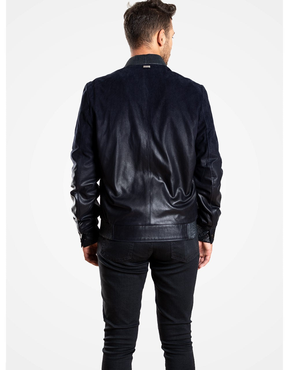 Blue DeGraded Leather Bomber Jacket For Men