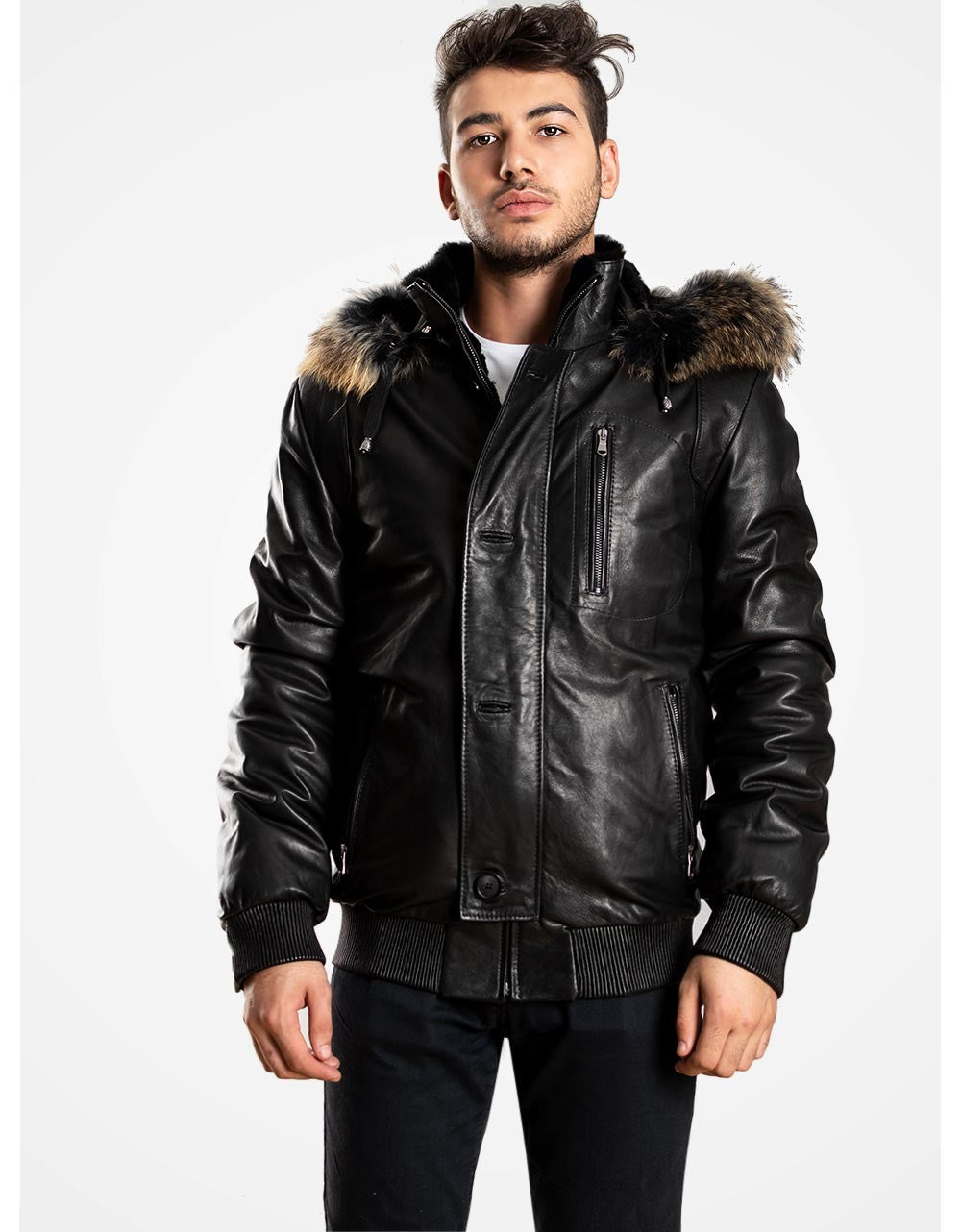 Black Hooded Leather Coat For Men