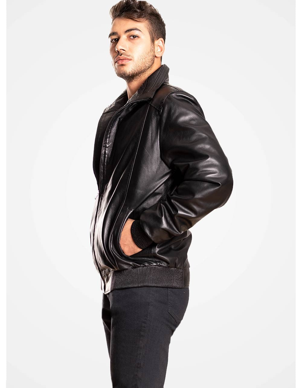 Black Bomber Leather Jacket For Men