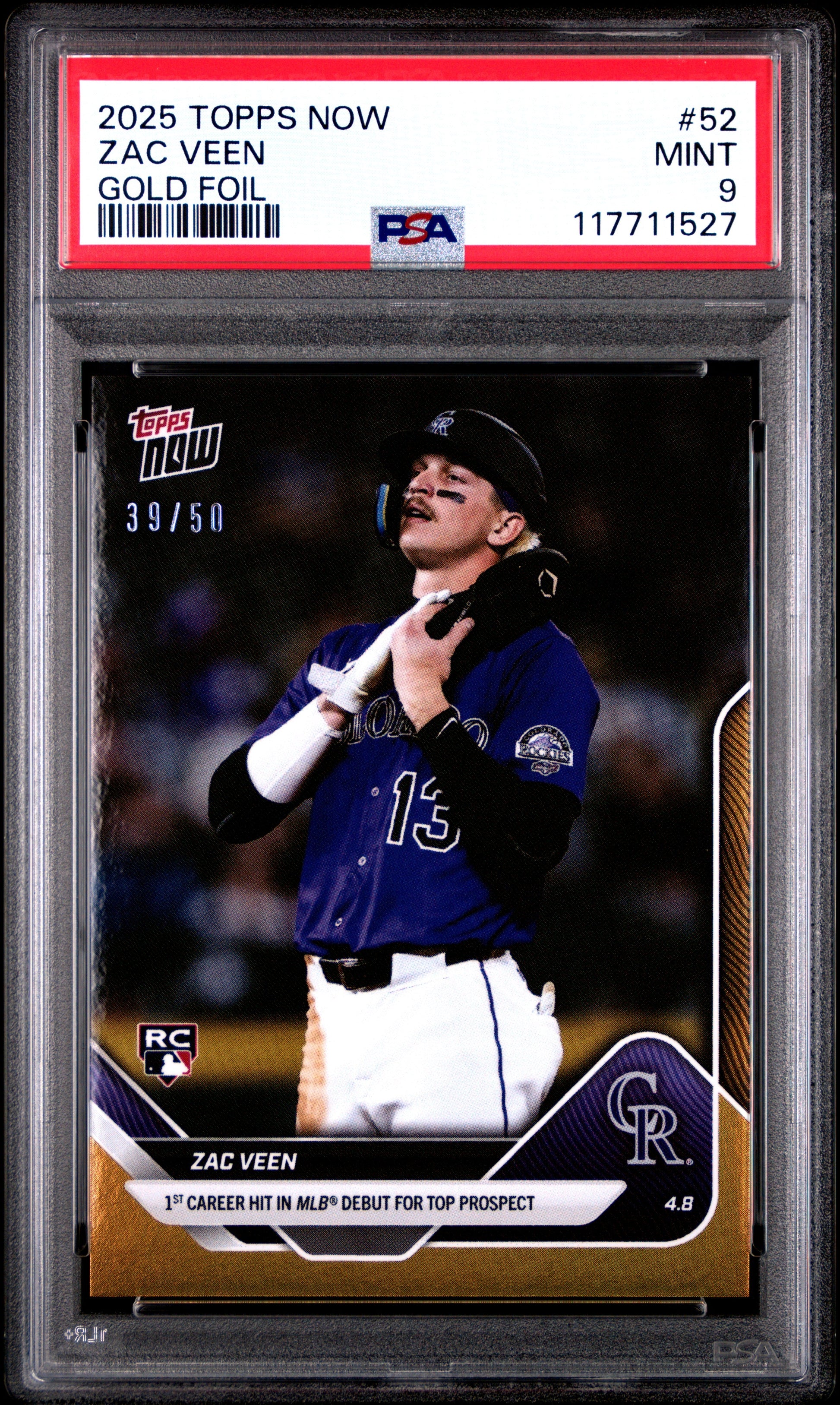 Graded 2025 Topps Now Zac Veen #52 Gold Foil /50 Rookie RC Baseball Card PSA 9 Mint