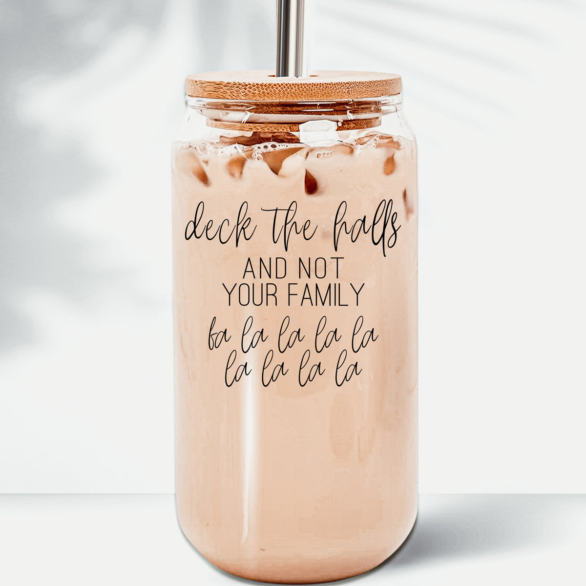 Deck The Halls 17oz Glass Tumbler With Bamboo Lid, Stainless Straws and Cleaner
