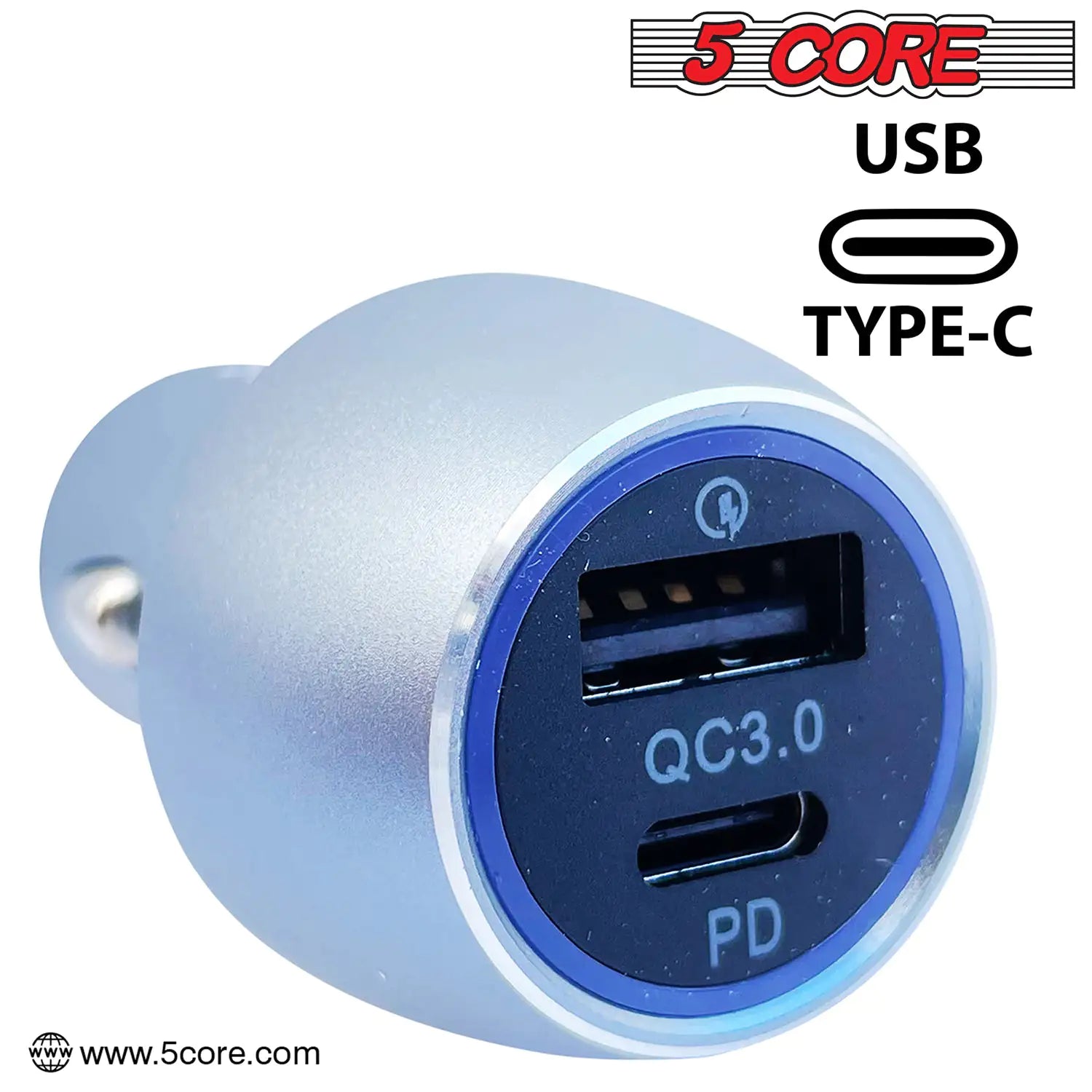 5Core USB Car Charger 36W Type C Cigarette Lighter Adapter Outlet Fast Charging