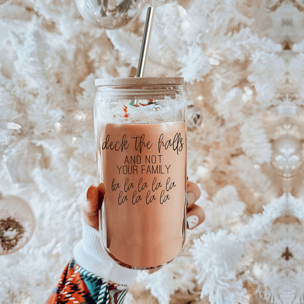 Deck The Halls 17oz Glass Tumbler With Bamboo Lid, Stainless Straws and Cleaner