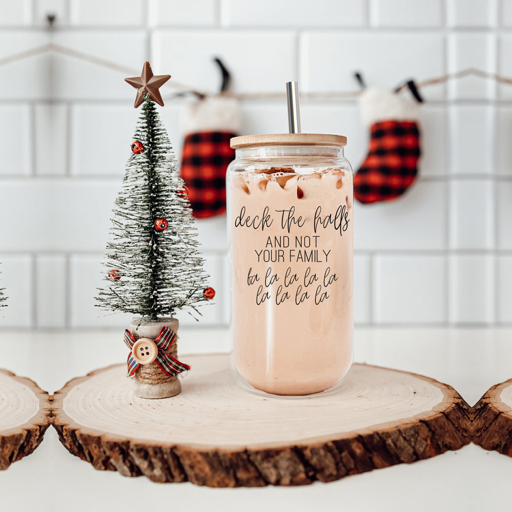 Deck The Halls 17oz Glass Tumbler With Bamboo Lid, Stainless Straws and Cleaner