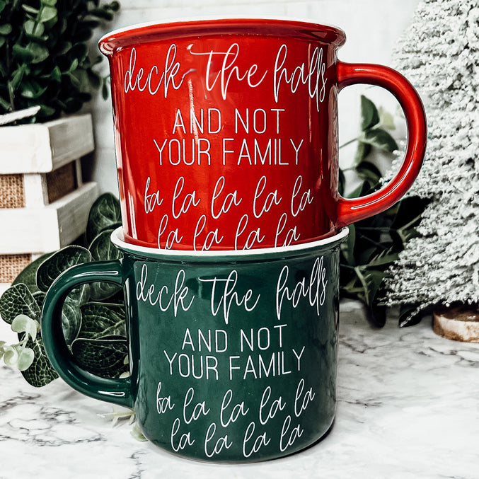 Deck The Halls Ceramic Campfire Mug 14.5oz Holiday Coffee Cup Red Or Green Limited Collection