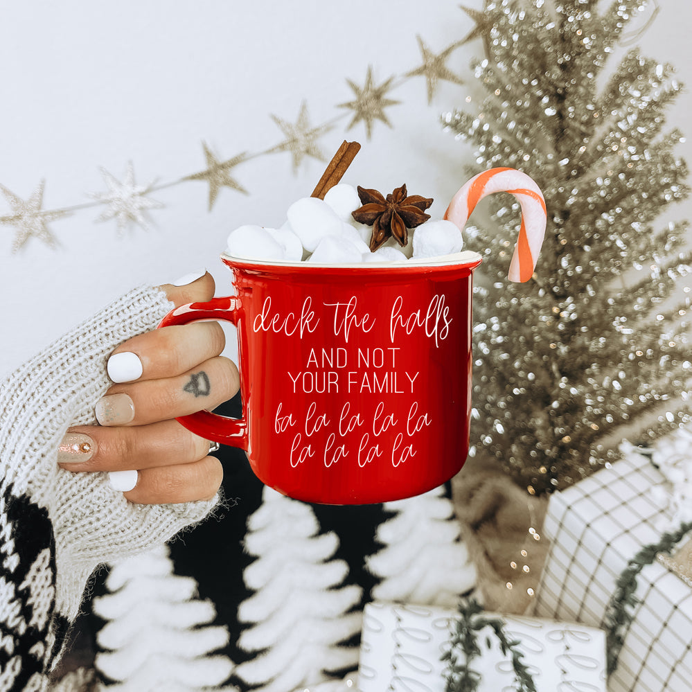 Deck The Halls Ceramic Campfire Mug 14.5oz Holiday Coffee Cup Red Or Green Limited Collection