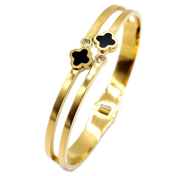 Double Clover Stainless Steel Cuff Bangle Gold Plated