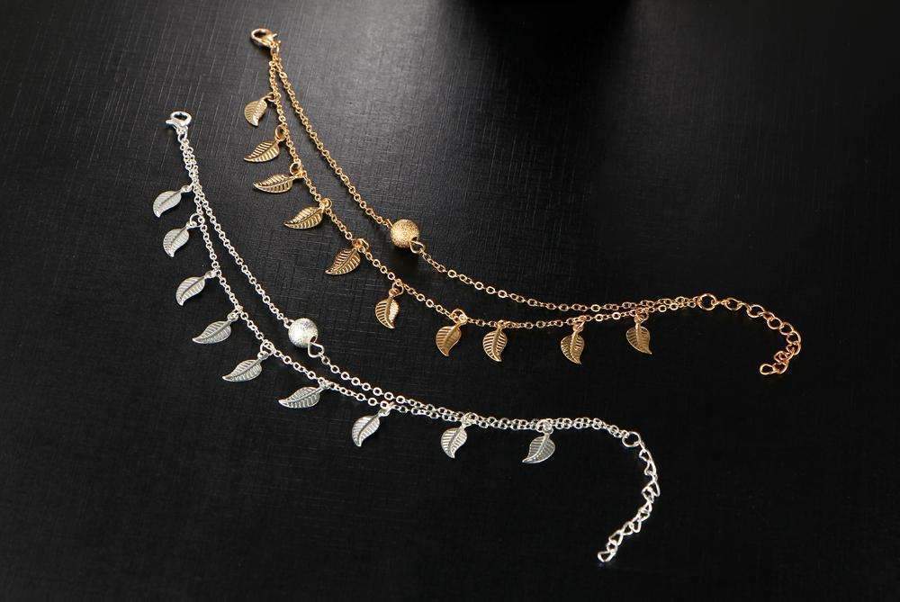 Double Layer Feather Anklet Gold Beach Boho Adjustable