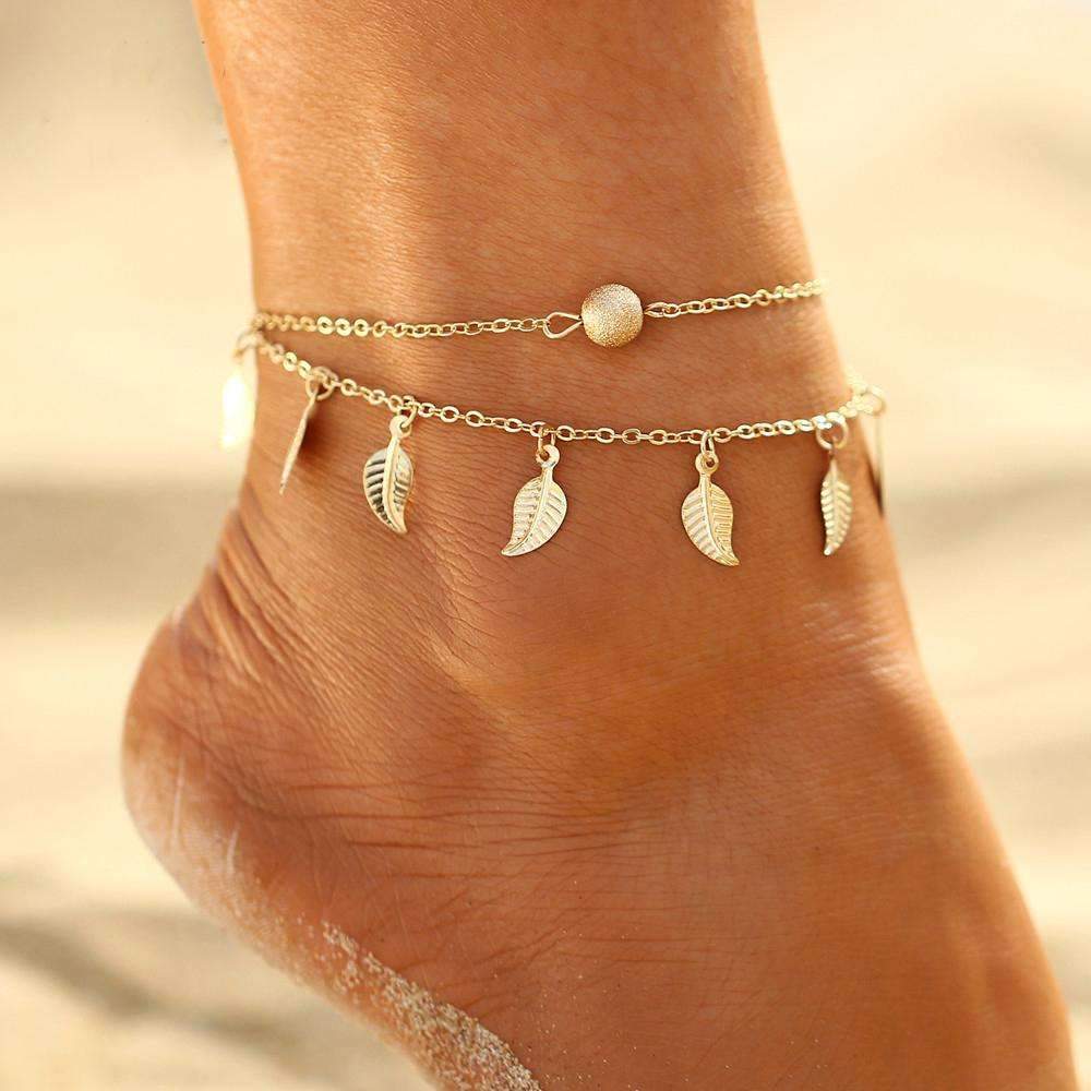 Double Layer Feather Anklet Gold Beach Boho Adjustable